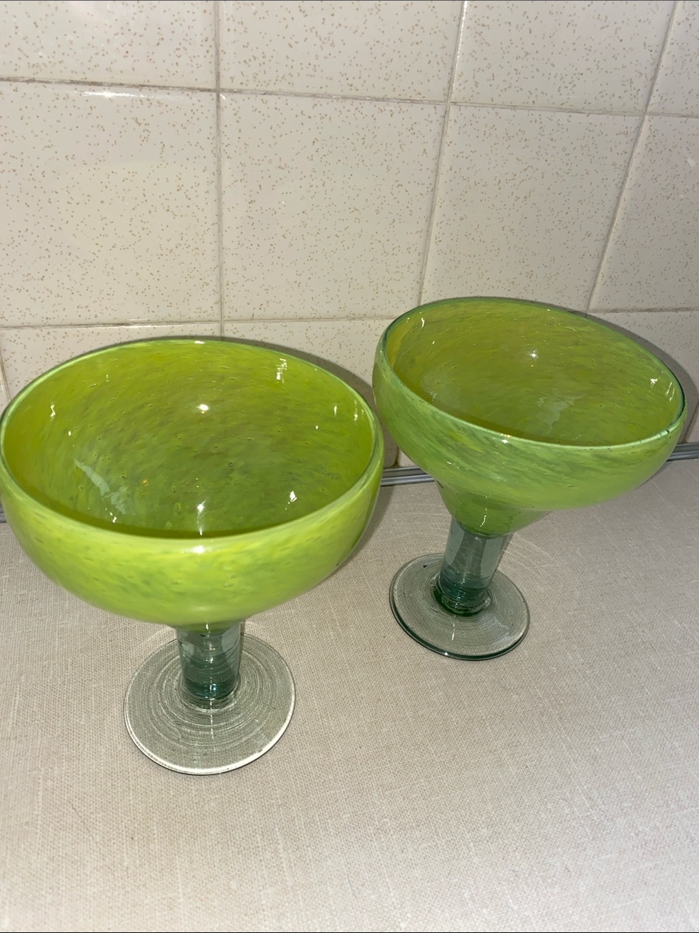 Chartreuse  Green  Mexican Bubble Glass Hand Blown Margarita Glasses set of 2